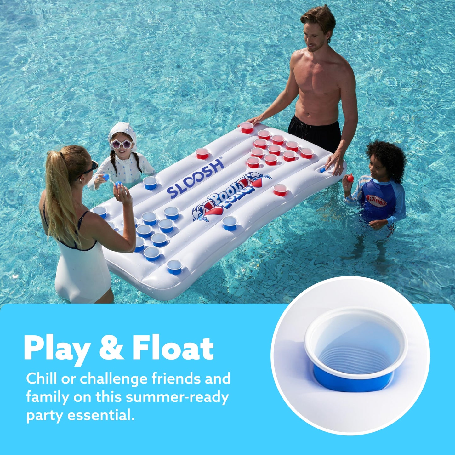 Sloosh Pool Games For Adults Pool Floats Inflatable Pong Table Floating Water Games Party 6X3 Ft With 10 Pong Balls And Cup Hold