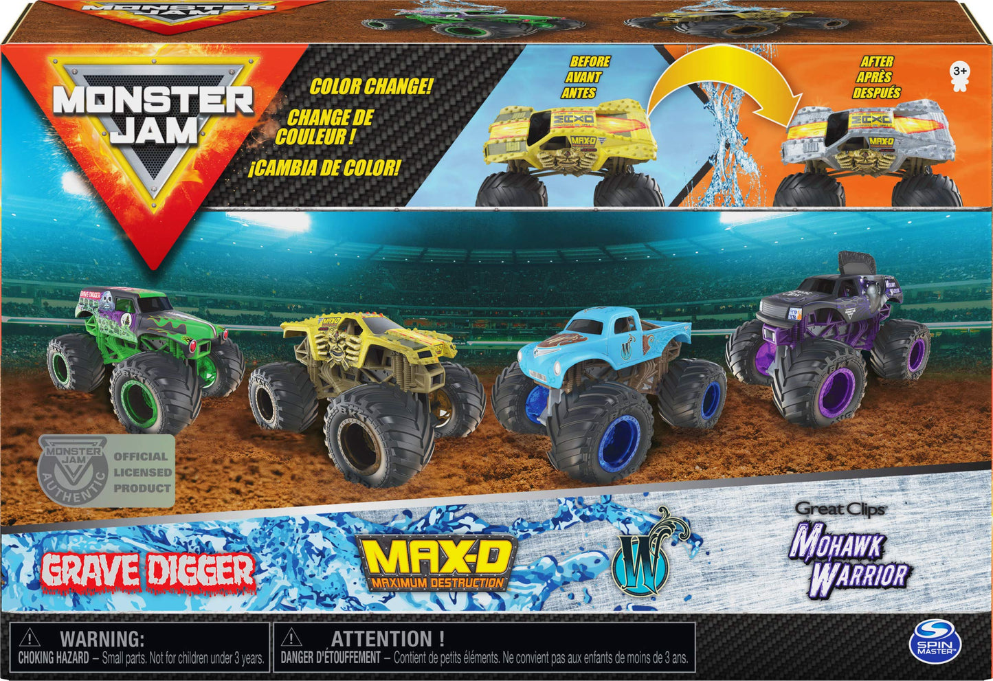 Monster Jam, Official Reveal The Steel 4-Pack of Color-Changing Die-Cast Monster Trucks, 1:64 Scale