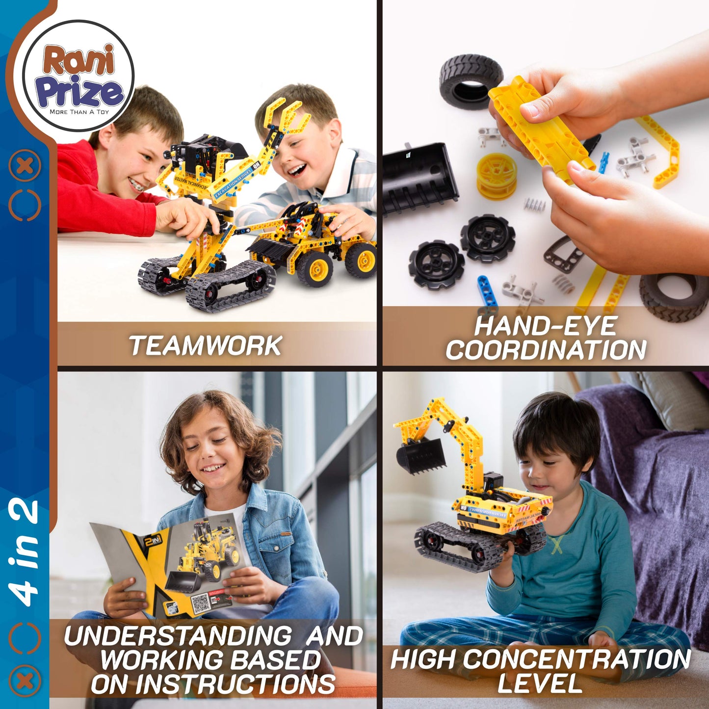 Rani Prize 4-In-1 Diy Construction Stem Toy: 603-Piece Excavator Building & Robotics Kit, Educational Engineering Playset For Boys & Girls 8-12, Quality Family Time Popular Gift With Storage Box