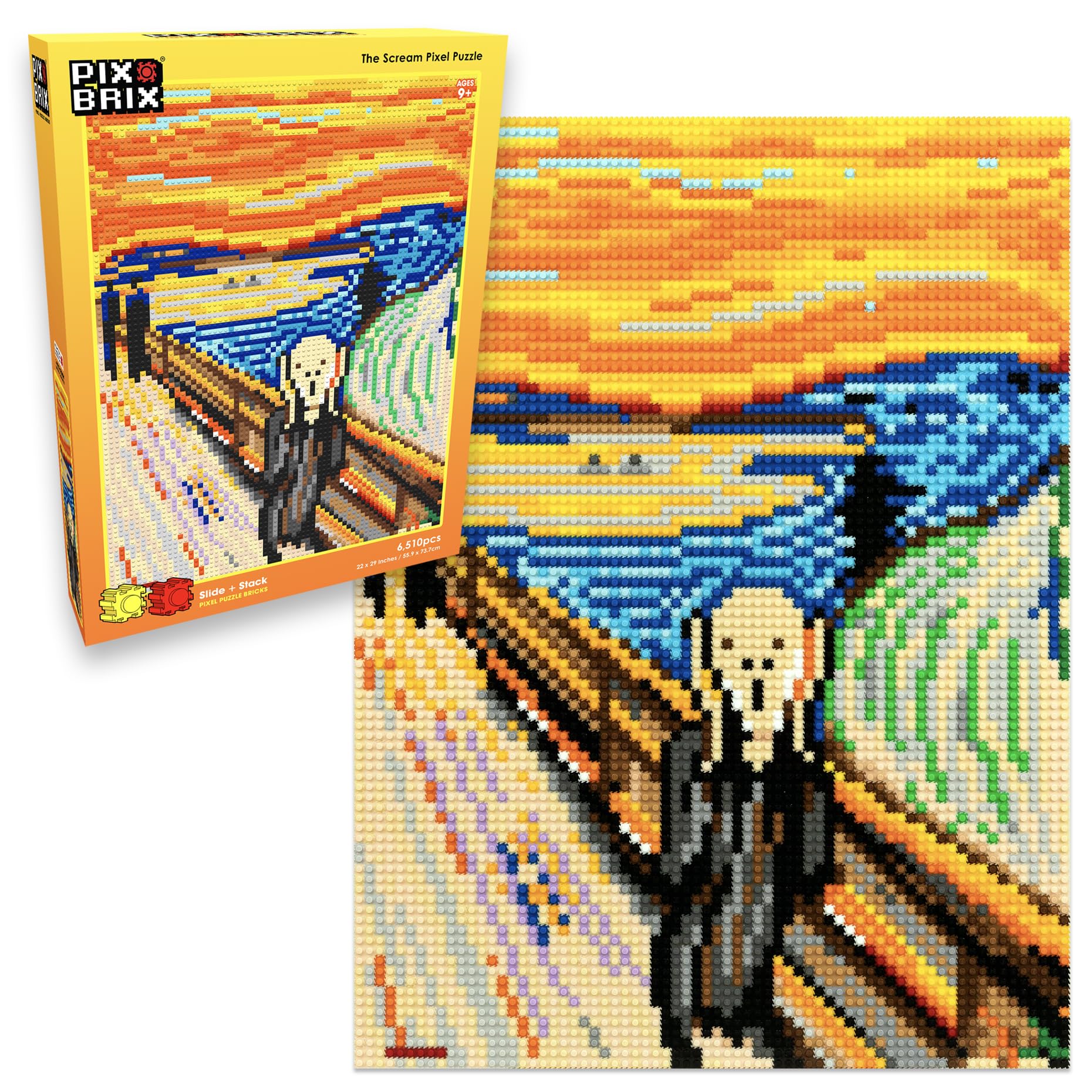 Pix Brix Pixel Art Puzzle Bricks - Pixel Puzzle of The Scream by Edvard Munch, 6,510 Pieces - Patented Colorful Slide + Stack Bu