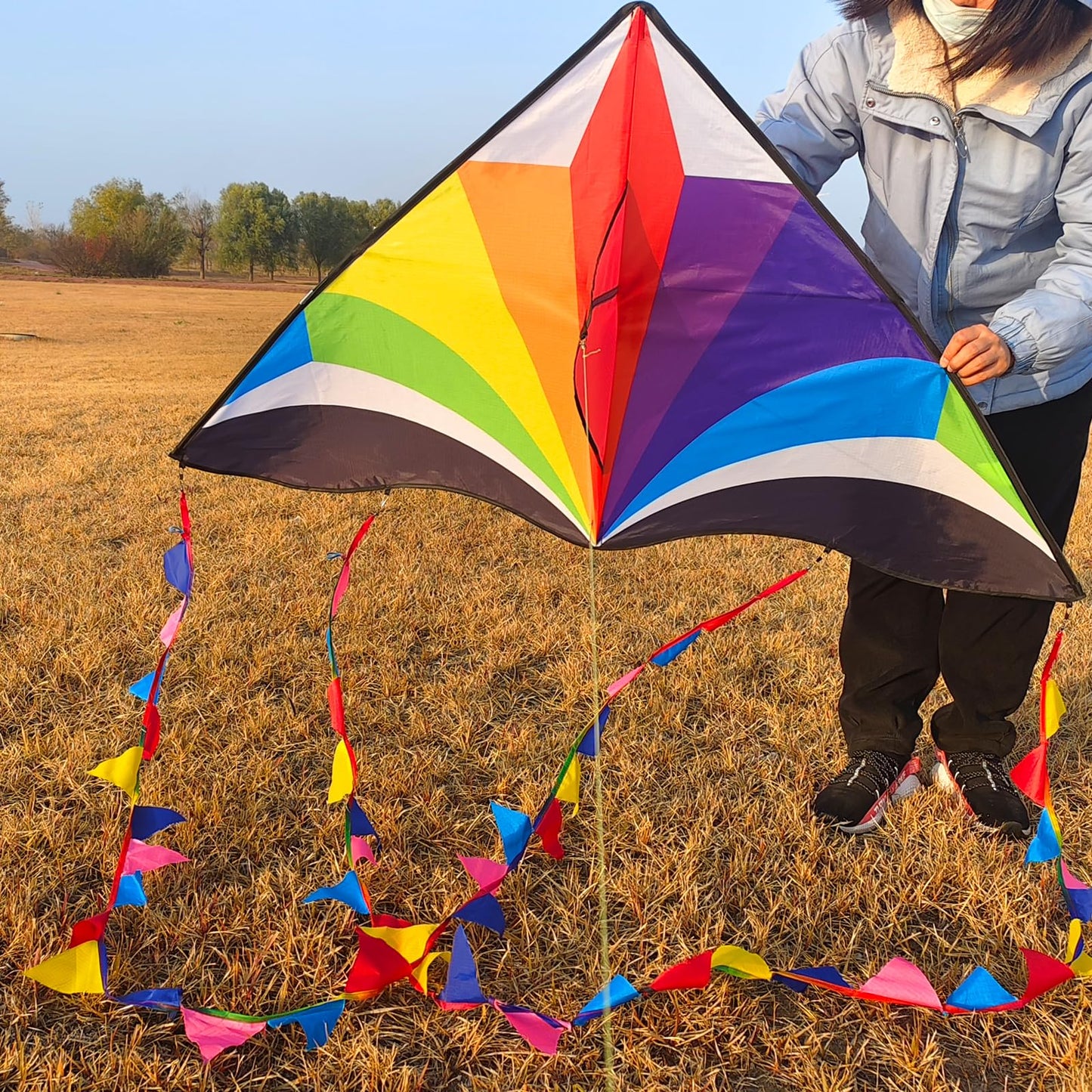 Kaiciuss Large Rainbow Delta Kite For Kids Easy To Fly, Huge Single Line Beach Kite For Adults, 55' X 28' Easy Flying Triangle Kite Comes With 300 Ft String Kite Handle