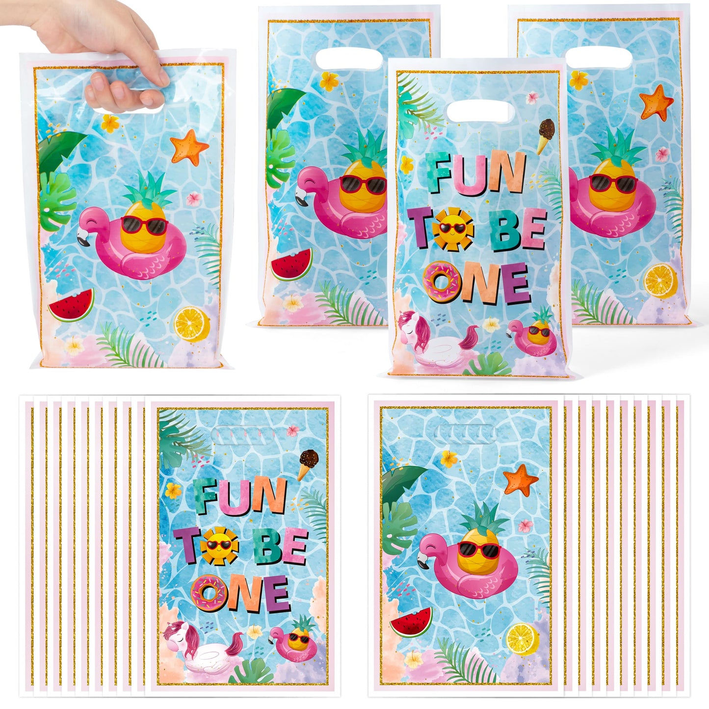 50Pcs Summer Pool Party Favor Bag Watercolor Poolside Fun to Be One Goodie Treat Candy Gift Bag Beach Flamingo 1st Birthday Part