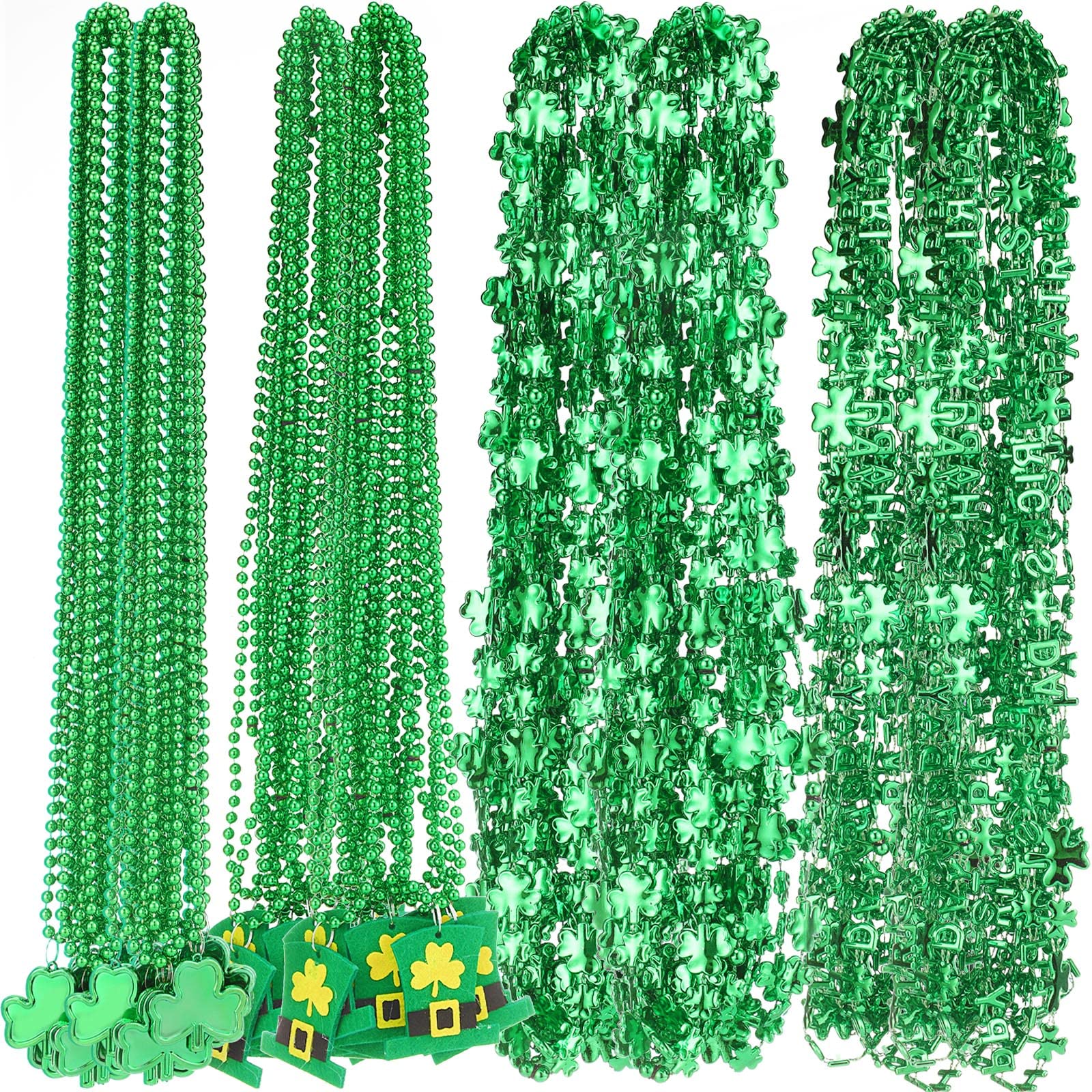 Batiyeer 48 Pcs St. Patrick's Day Shamrock Necklace Bulk 12 Pcs Shamrock Pendant 12 Pcs Irish Hat Bead 12 Pcs Clover Letter 12 P