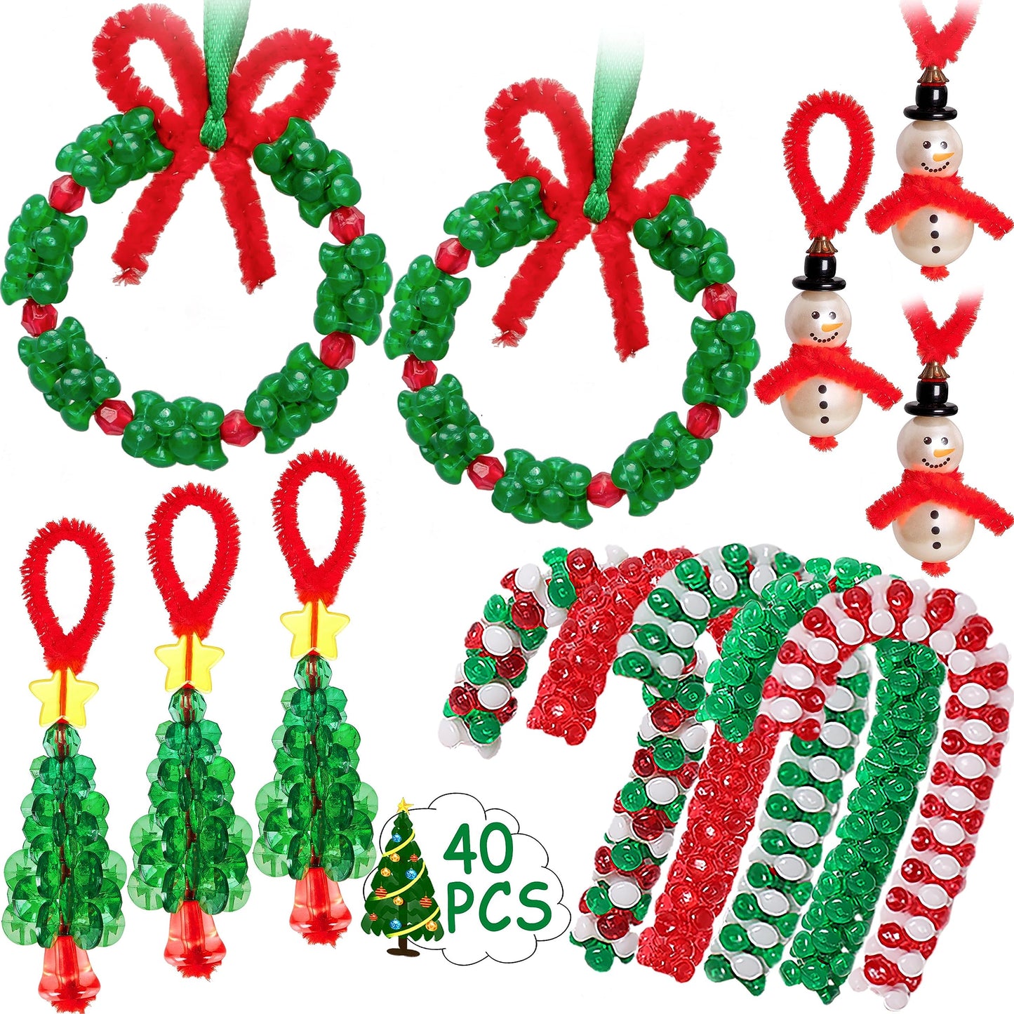 Christmas Crafts for Kids Adults Families, Beaded Ornament Kit to Make Wreath/Candy Cane/Xmas Tree/Snowman, Holiday Decorations 