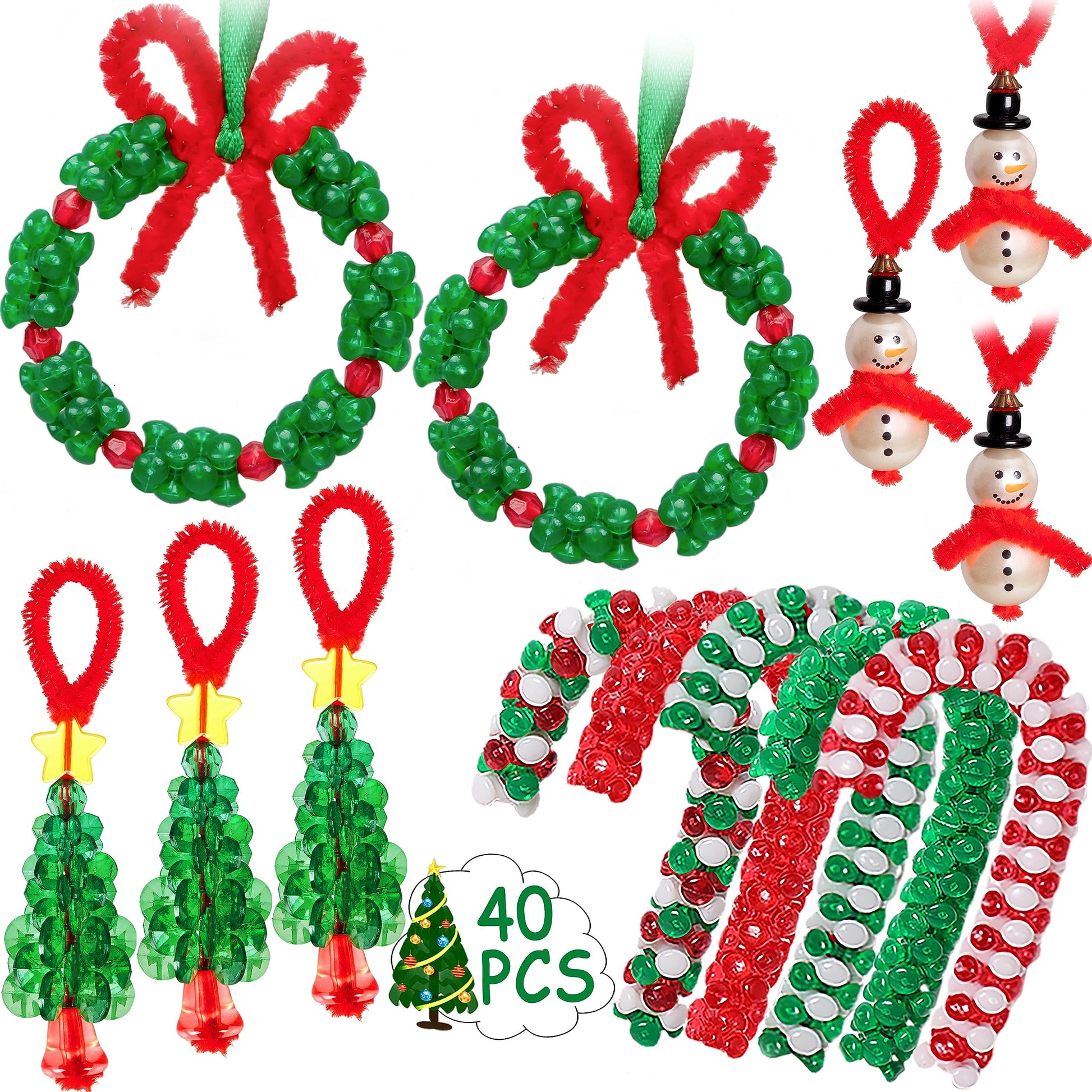 Christmas Crafts for Kids Adults Families, Beaded Ornament Kit to Make Wreath/Candy Cane/Xmas Tree/Snowman, Holiday Decorations 