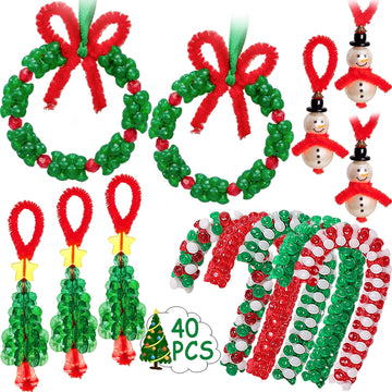 Christmas Crafts for Kids Adults Families, Beaded Ornament Kit to Make Wreath/Candy Cane/Xmas Tree/Snowman, Holiday Decorations 