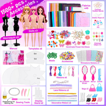 Fashion Designer Kit For Girls, Sewing Kit With 3 Dolls 3 Mannequins, Doll Clothes And Accessories Making Kit, Diy Arts And Crafts Kit For Kids, Toy Gift For 6 7 8 9 10 11 12 Year Old Girls Kids
