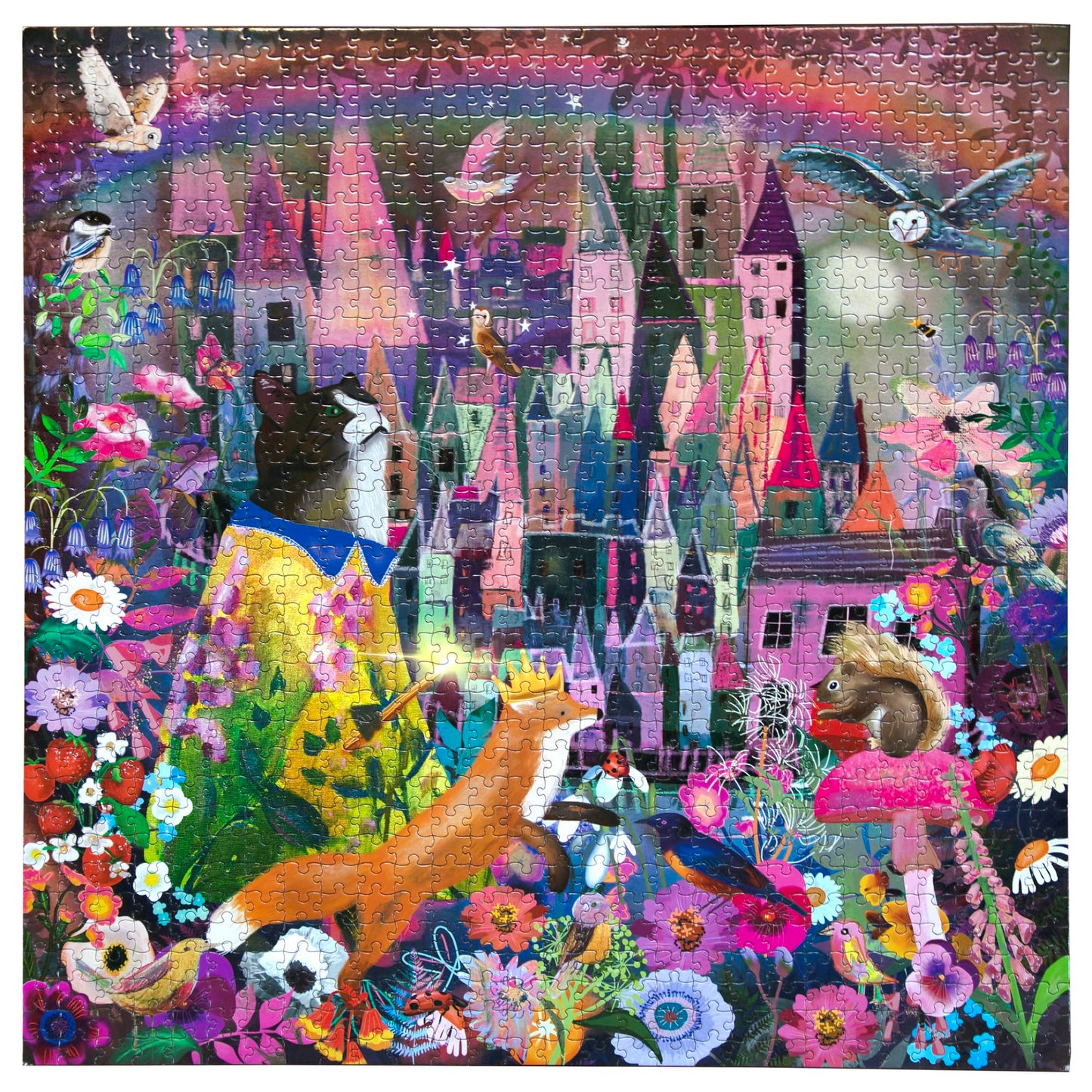 eeBoo Piece & Love: Cat & The Castle - 1000 Piece Puzzle - mature-themed Square Jigsaw  23x23  Includes Image Reference Insert  Glossy Pieces