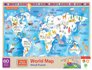 Hello World-World Map Wood 60Pc