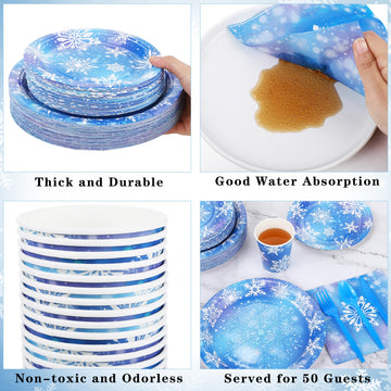 Durony 350 Pcs Frozen Birthday Party Supplies Winter Snowflake Frozen Plates Napkins Cups Plastic Cutlery Frozen Party Disposabl