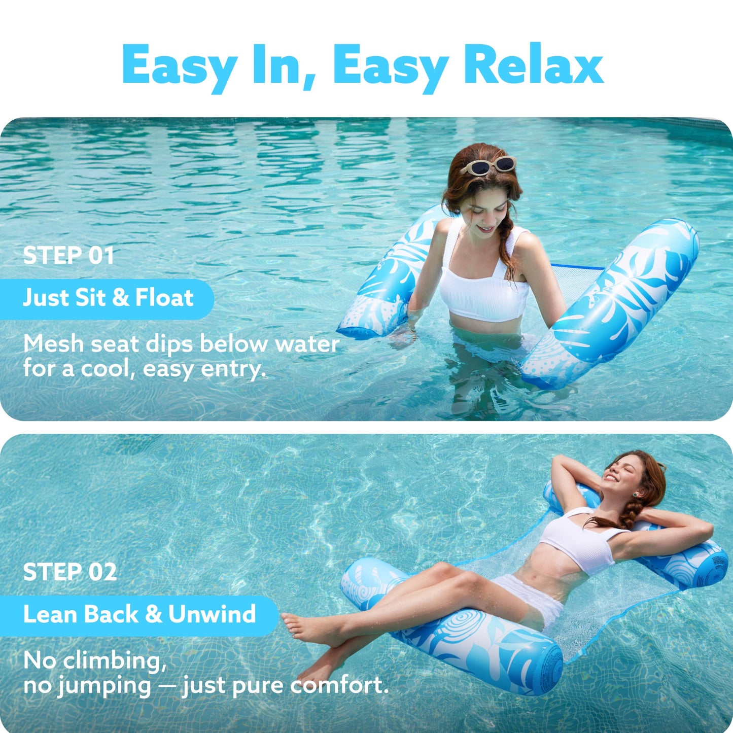 SLOOSH Hammock Pool Floats Adults, 4-in-1 Multi-Purpose Inflatable Pool Floaties PVC Water Hammock Lounge (Tropical Leaves-Blue)