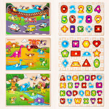 Synarry Wooden Puzzles For Toddlers 1-3, 6Xset Puzzles For Toddlers 2-4 With Rack, Learning Alphabet Number Shape Animal Dinosau