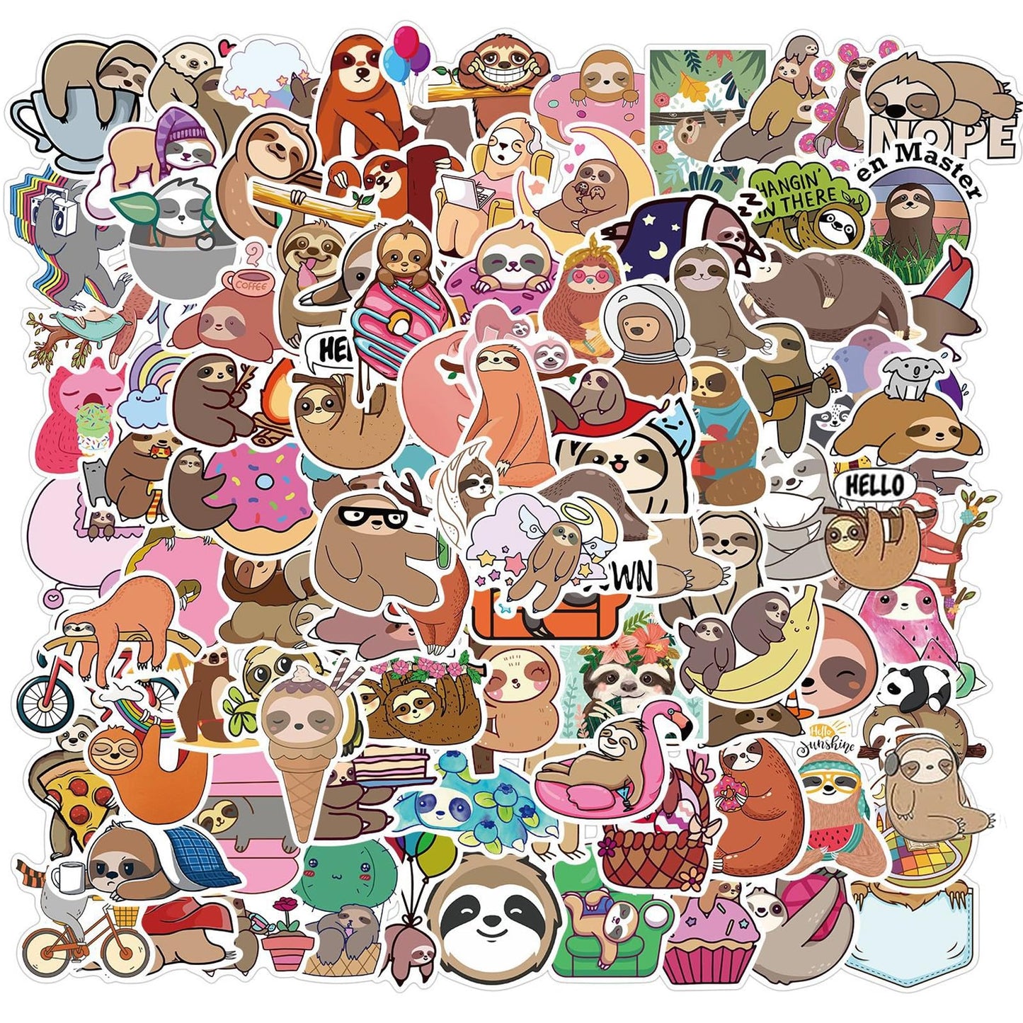 100Pcs Cute Sloth Stickers Pack For Water Bottle,Waterproof Decals Vinyl Sloth Sticker For Hydroflask Laptop Computer Bike Helme