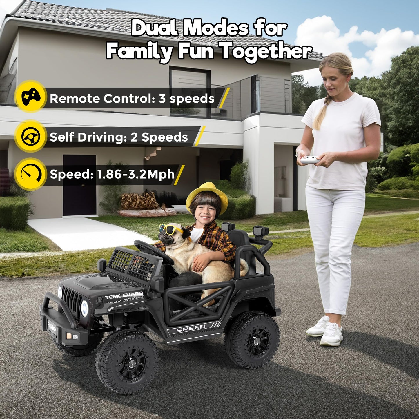 Funtok 12V 7Ah Ride On Truck For Kids, Electric Cars For Toddlers W/Remote Control, Led Lights, 3 Speeds, Spring Suspension, Soft Start, Bluetooth Speaker, Battery Powered Cars For Kids To Drive