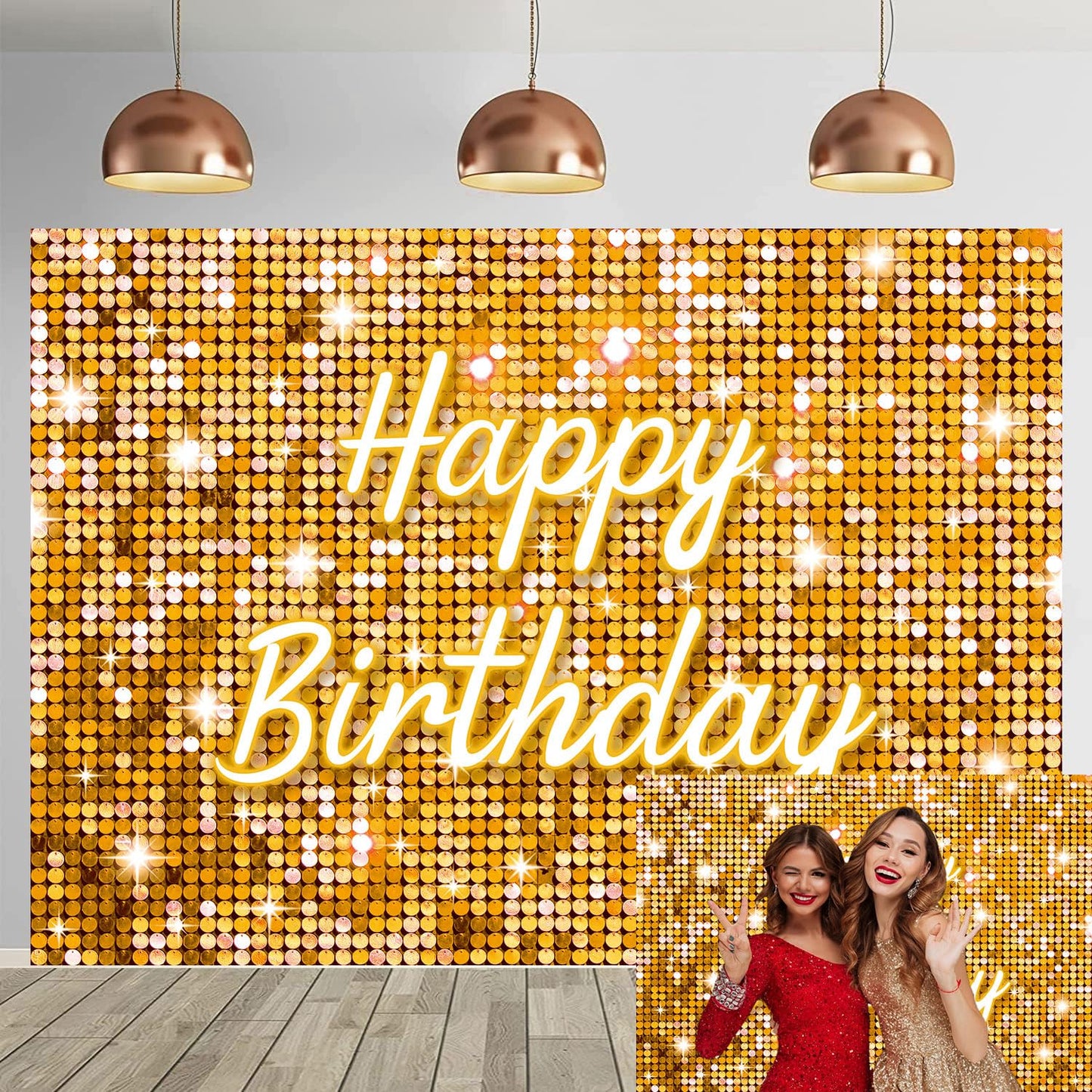 Gold Flash Square Wall Backdrop for Photography Golden Happy Birthday Glitter Sequin Shimmer Background Sweet 16 Girls Woman 20t