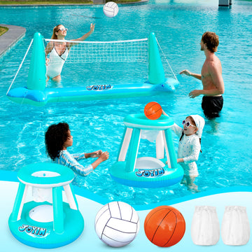 JOYIN Inflatable Pool Float Set Volleyball Net & Basketball Hoops, Floating Swimming Game Toy for Kids and Adults, Summer Floati