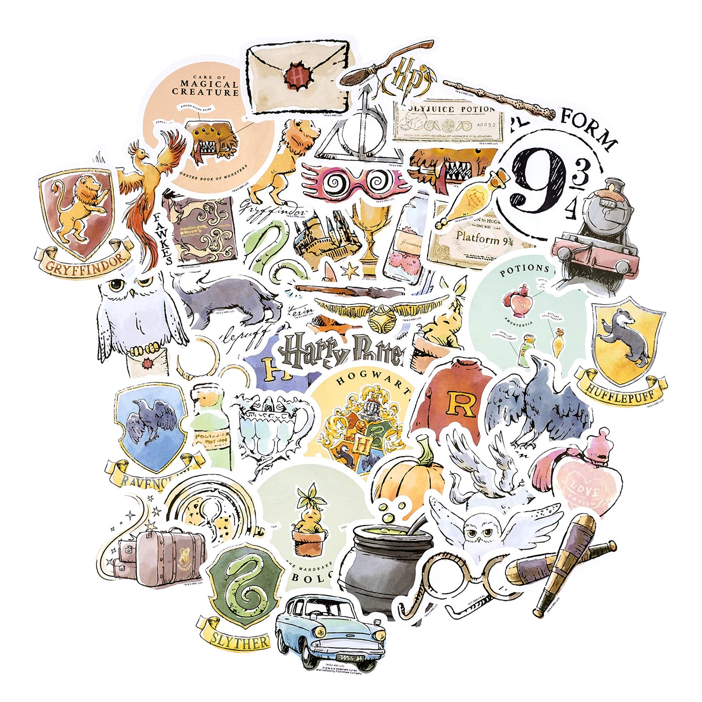 CON*QUEST Harry Potter Watercolor Vinyl Stickers, 60-Pack, Waterproof, UV & Scratch Resistant, White Vinyl, Officially Licensed
