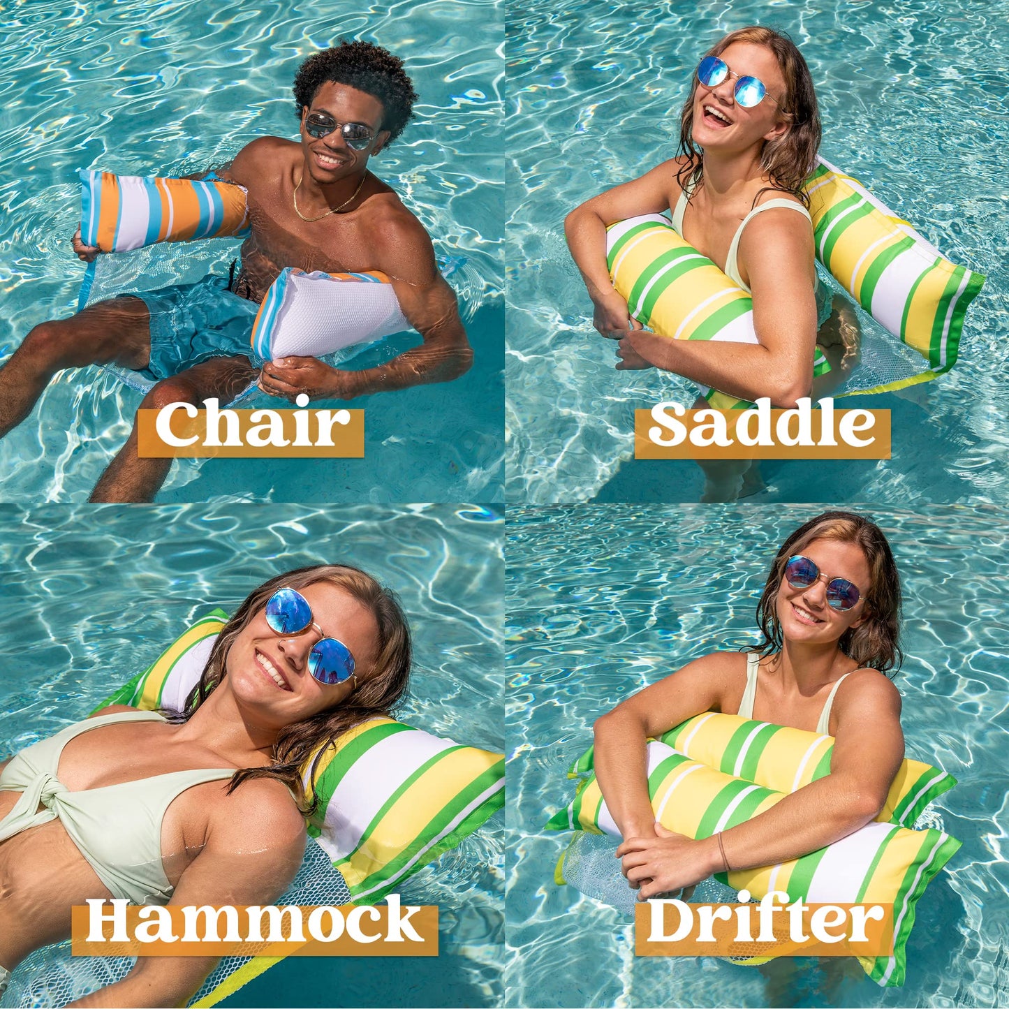 Sloosh 3 Pack Inflatable Pool Float Hck  Water Hck Lounges  Multi-Purpose Swimming Pool Accessories (Saddle  Lounge Chair  Drifter) for Pool  Lake  Outdoor  Beach (Dark Blue/Yellow/Orange)