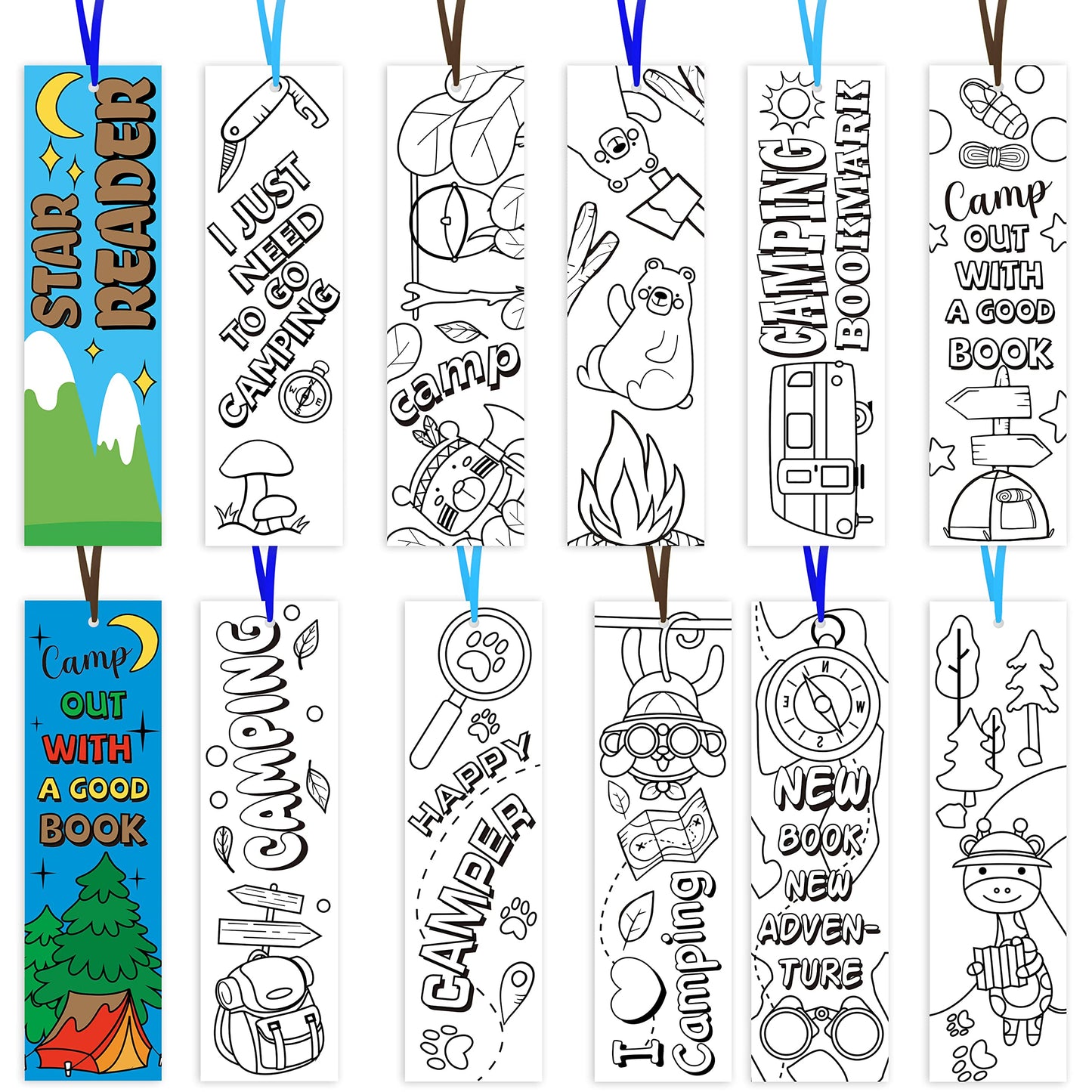 ANGOLIO 75Pcs Camping Color Your Own Bookmarks Kids DIY Coloring Blank Bookmarks Camping Party Game Prize Art Craft Supplies Bir