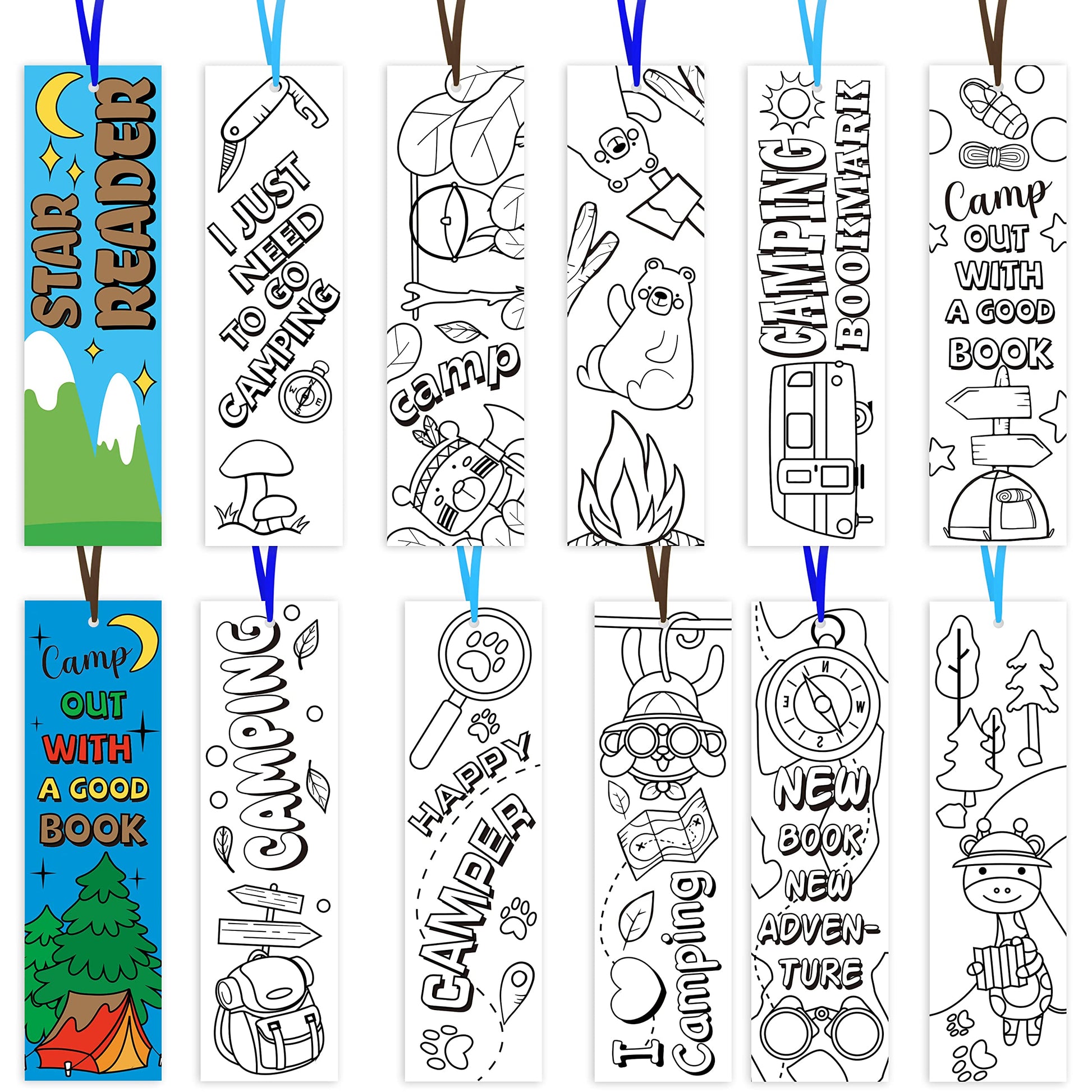 ANGOLIO 75Pcs Camping Color Your Own Bookmarks Kids DIY Coloring Blank Bookmarks Camping Party Game Prize Art Craft Supplies Bir