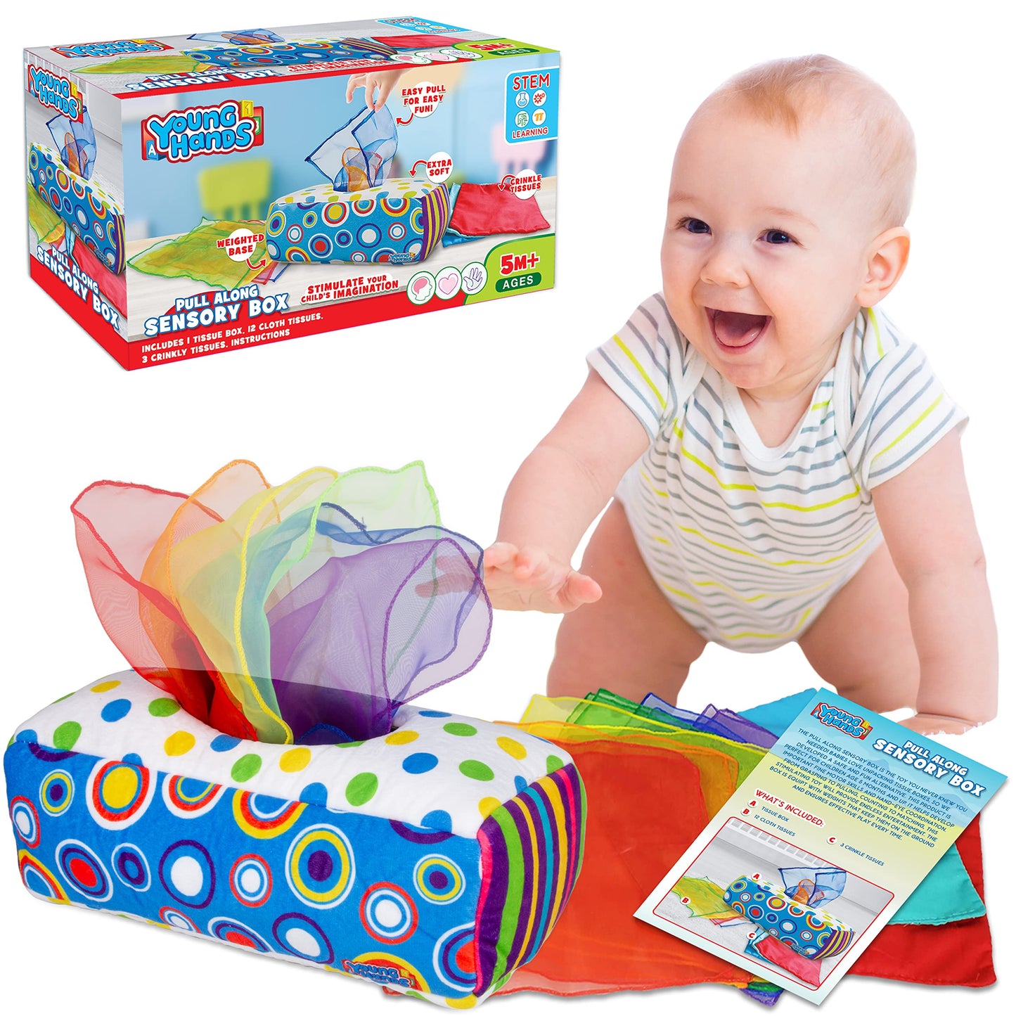 Sensory Pull Along Baby Tissue Box - Montessori Toy For Babies And Toddlers Tissue Box Learning Toys For 5 Months + Stem Educational Toys For Toddler Infant Babies (Large)