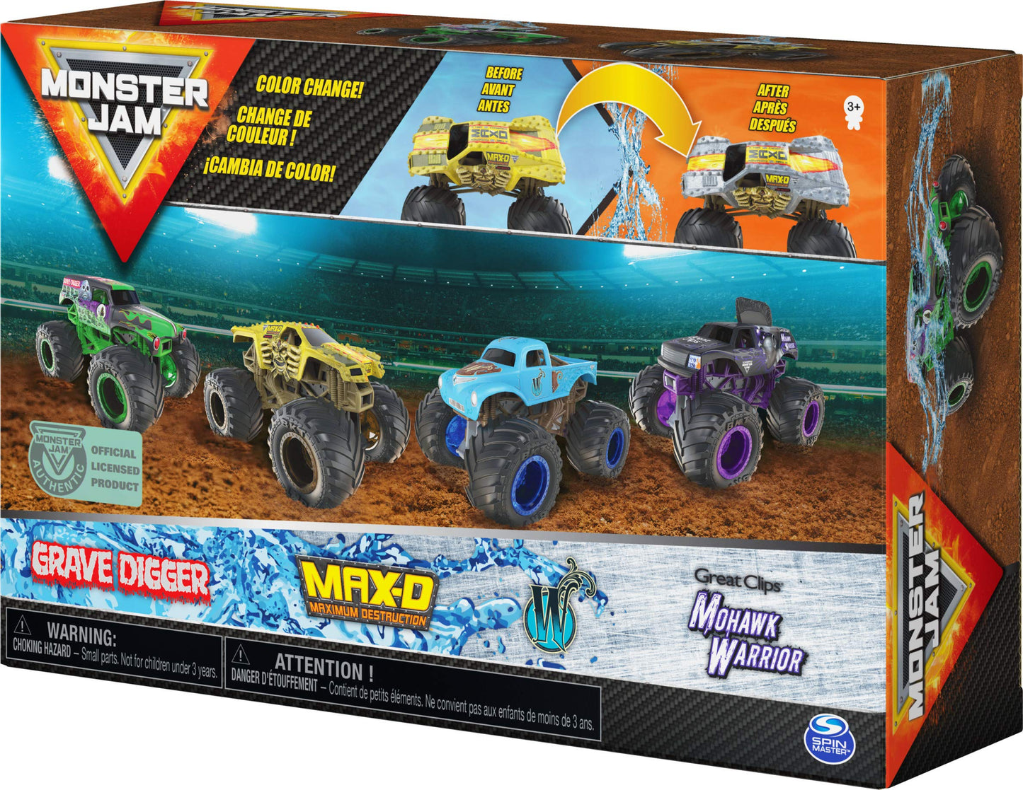 Monster Jam, Official Reveal The Steel 4-Pack of Color-Changing Die-Cast Monster Trucks, 1:64 Scale