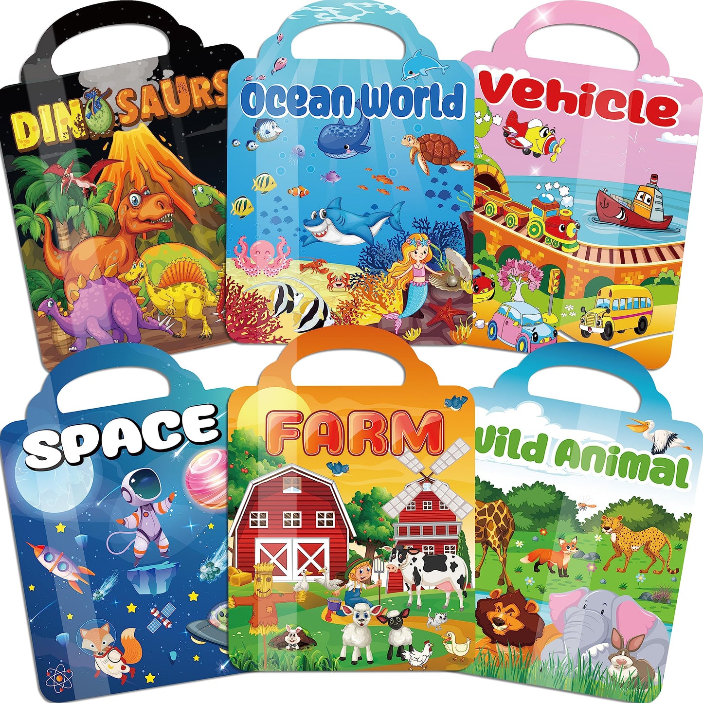 Kalysky 6-Set Puffy Sticker Books for Kids, 3D Reusable Stickers, Farm, Dinosaurs, Ocean, Space, Vehicle, Model TZS-922