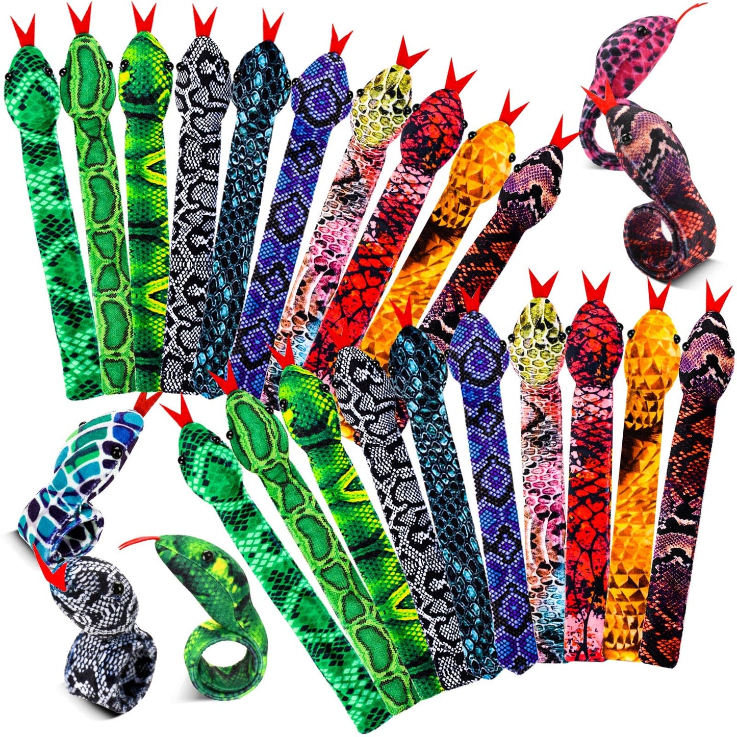 WhistenFla 16Pcs Snake Slap Bracelets, Reptile Party Favors Snake Snap Bracelet Fuzzy Animal Slap on Bracelet for Kids Reptile B