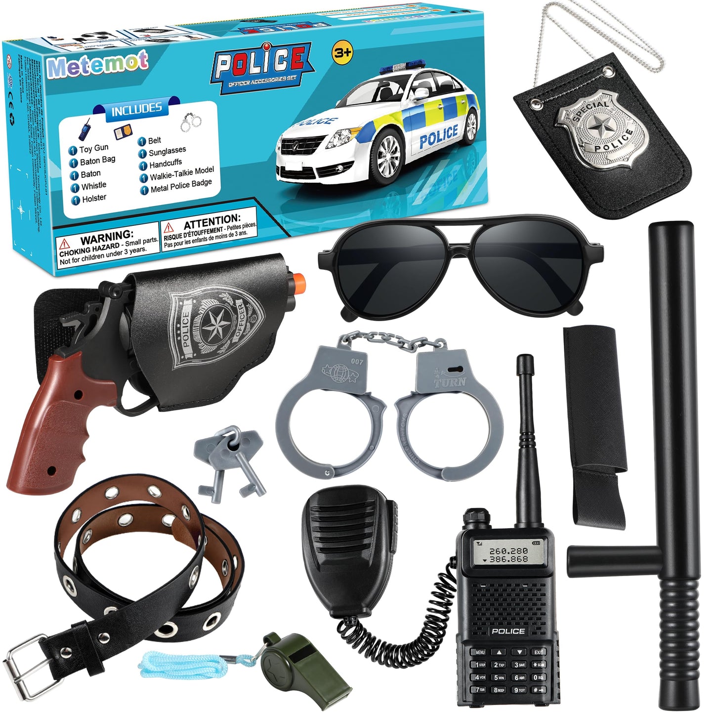 Metemot 10Pcs Police Toys, Cop Costume Accessories, Police Costume Accessories For Kids, With Police Badge, Toy Handcuffs,Hallow