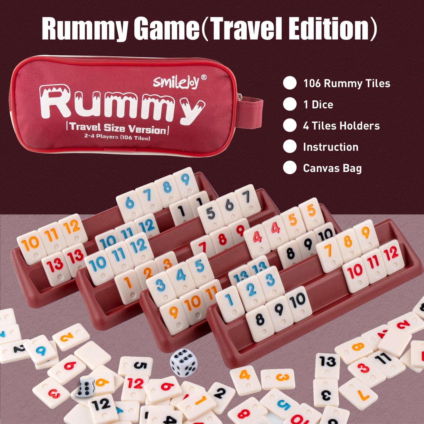 Smilejoy Mini Rummy Cube Game Set for 2-4 Players, Travel Size with Canvas Bag, 106 Tiles, Multicolored, Model L-Rummy1