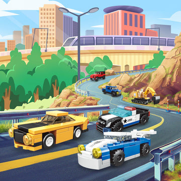16 Pack Building Blocks Party Favors For Kids, 2 In 1 710Pcs Creative Building Kits Mini City Vehicles Include Police Car & Trai