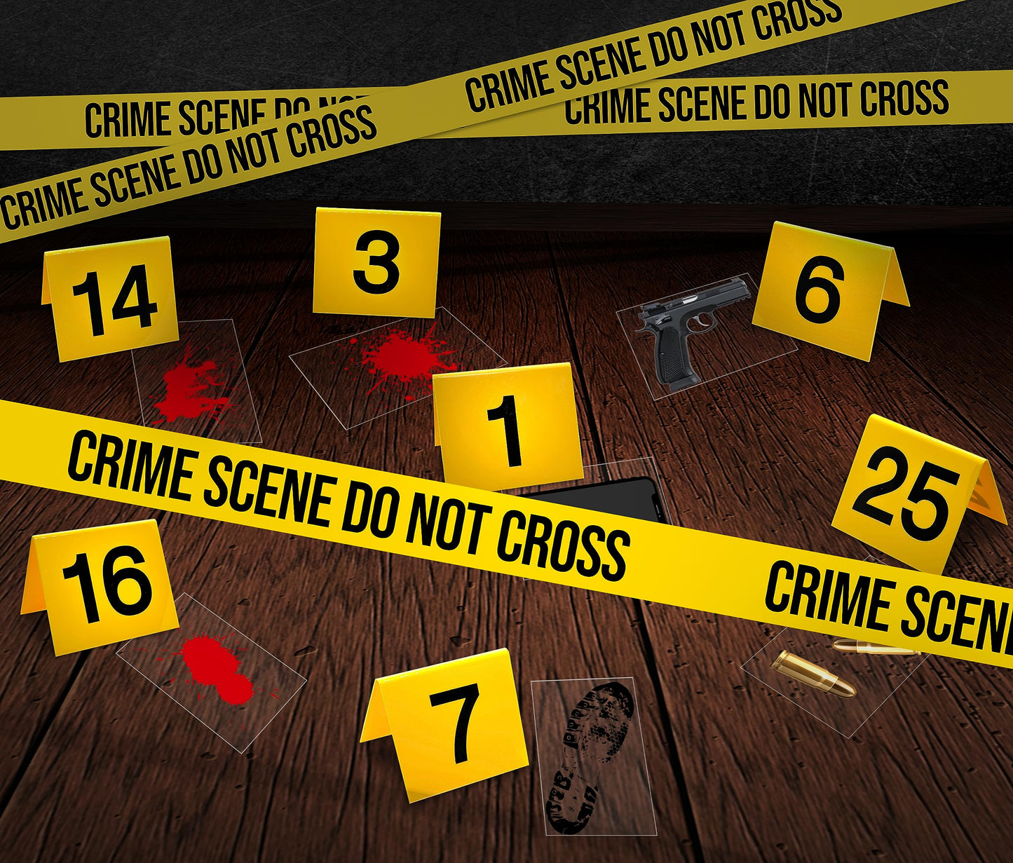 Halloween Crime Scene Decorations Kit, Crime Mystery Dinner Party Game Supplies, Includes Crime Scene Tape, 25 Yellow Evidence Markers, 25 Crime Object Cards