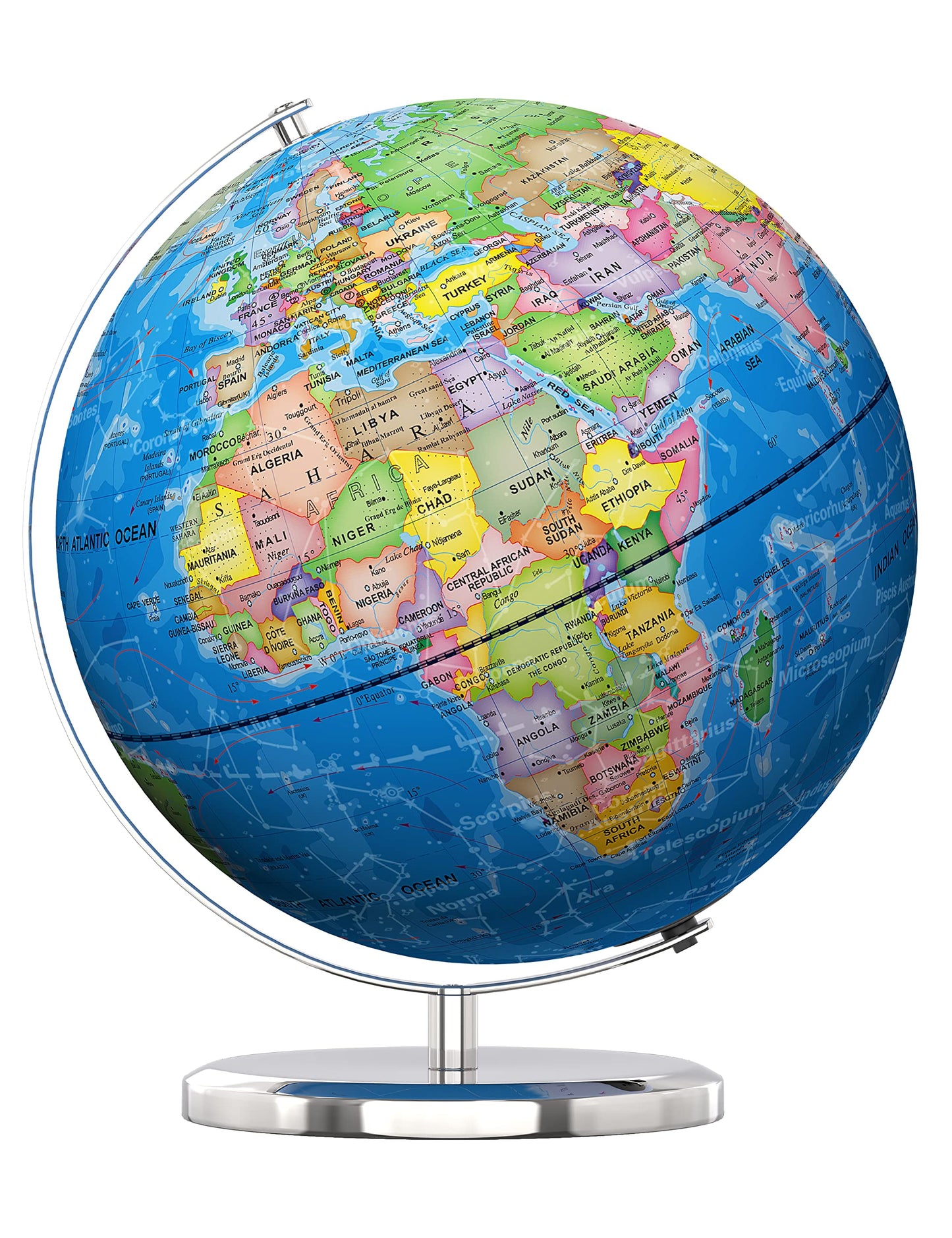 Waldauge Illuminated World Globe With Stand, 13'' Earth Globes With Stable Heavy Metal Base For Kids Classroom Learning, Led Con