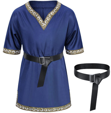 Kids Medieval Costume Boys Viking Tunic Knight Warrior Renaissance Shirts With Belt 4-6T Blue