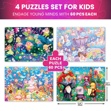 Quokka 4X60 Piece Puzzles For Kids Ages 4-6 – Glow-In-The-Dark Puzzles For Kids 4-8 I Unicorns, Mermaids, Fairy Tale I Fun Educational Toddler Puzzle For Boys And Girls – Educational Game Toys Gift