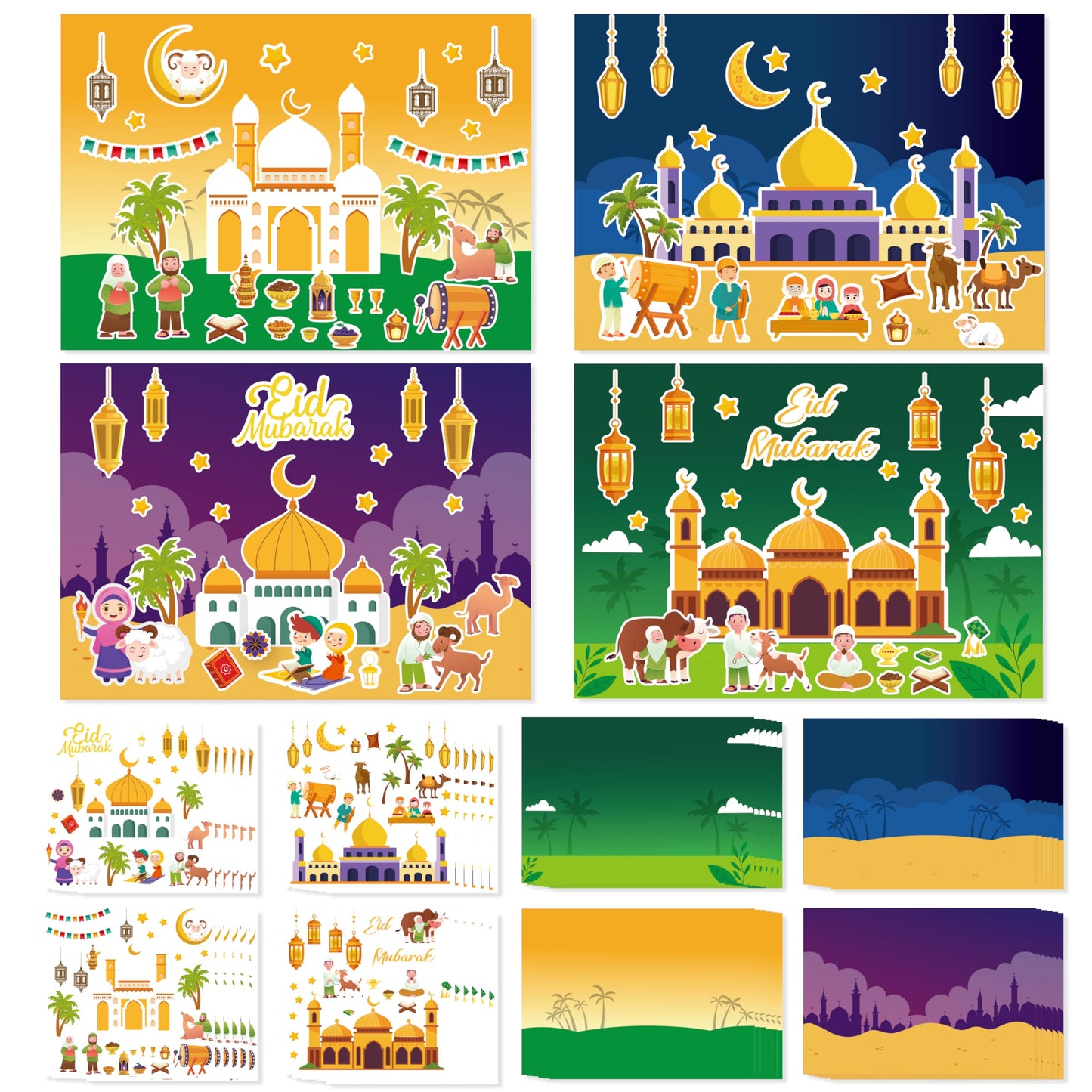 COcnny 48pcs Eid Mubarak Craft Kit, Mosque Scene Stickers for Kids, Make Your Own Ramadan Kareem Scene Decal, Religious Label DI