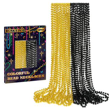 12 Pcs Mardi Gras Beads Bulk, New Year Beaded Necklaces, 33'' Blackgold Beads Graduation Beaded Stuff Set, Carnival Round Costum