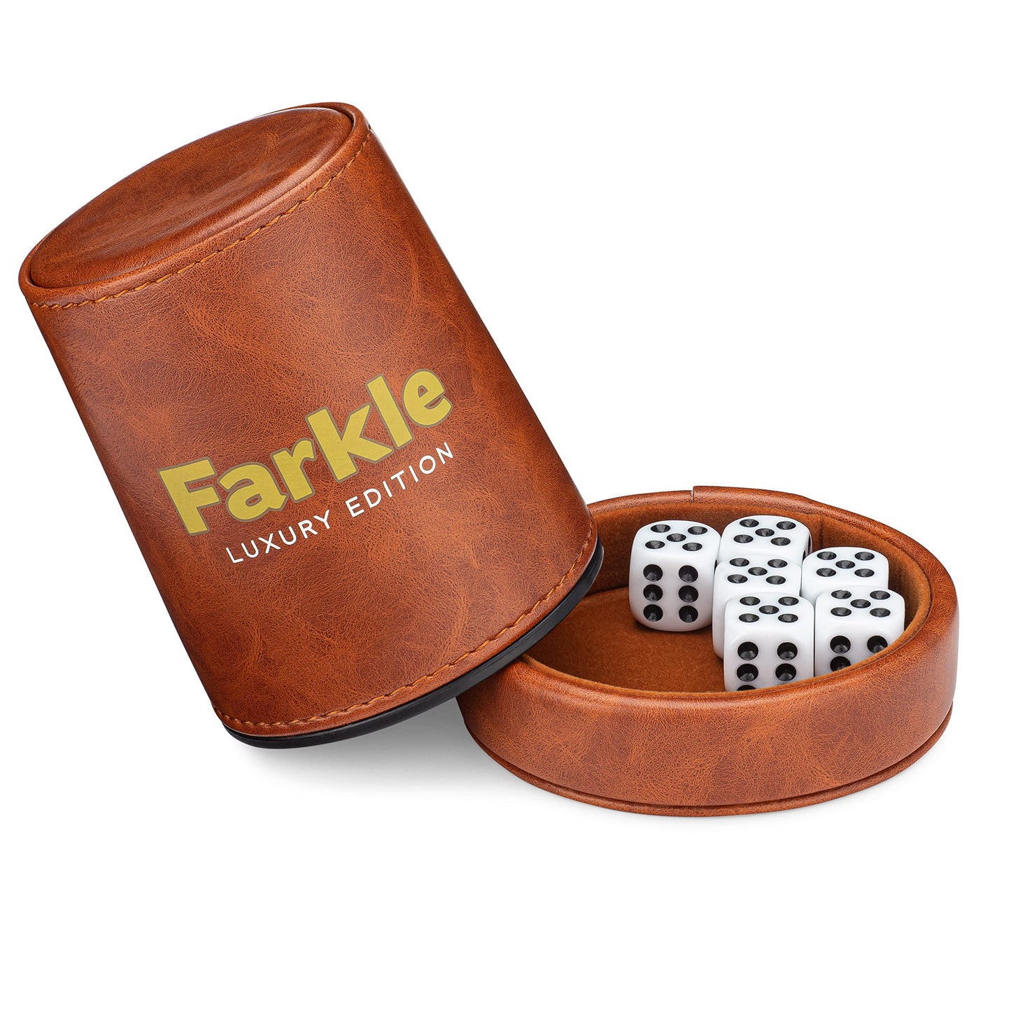RNK Gaming Farkle Travel Luxury Edition Game - Brown PU Leather Dice Cup