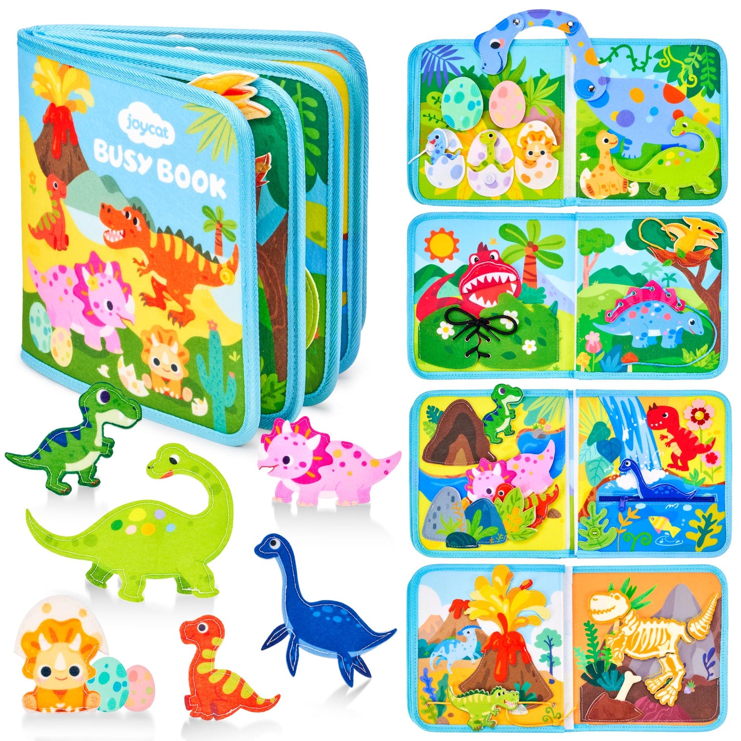 Joycat Toddler Dinosaur Busy Book, Busy Board For 2 3 4 5Year Old -Travel Toy Quiet Activity Book, Life Skills & Fun Games - Autism Sensory Toy, Toddler Easter Basket Stuffers Gifts