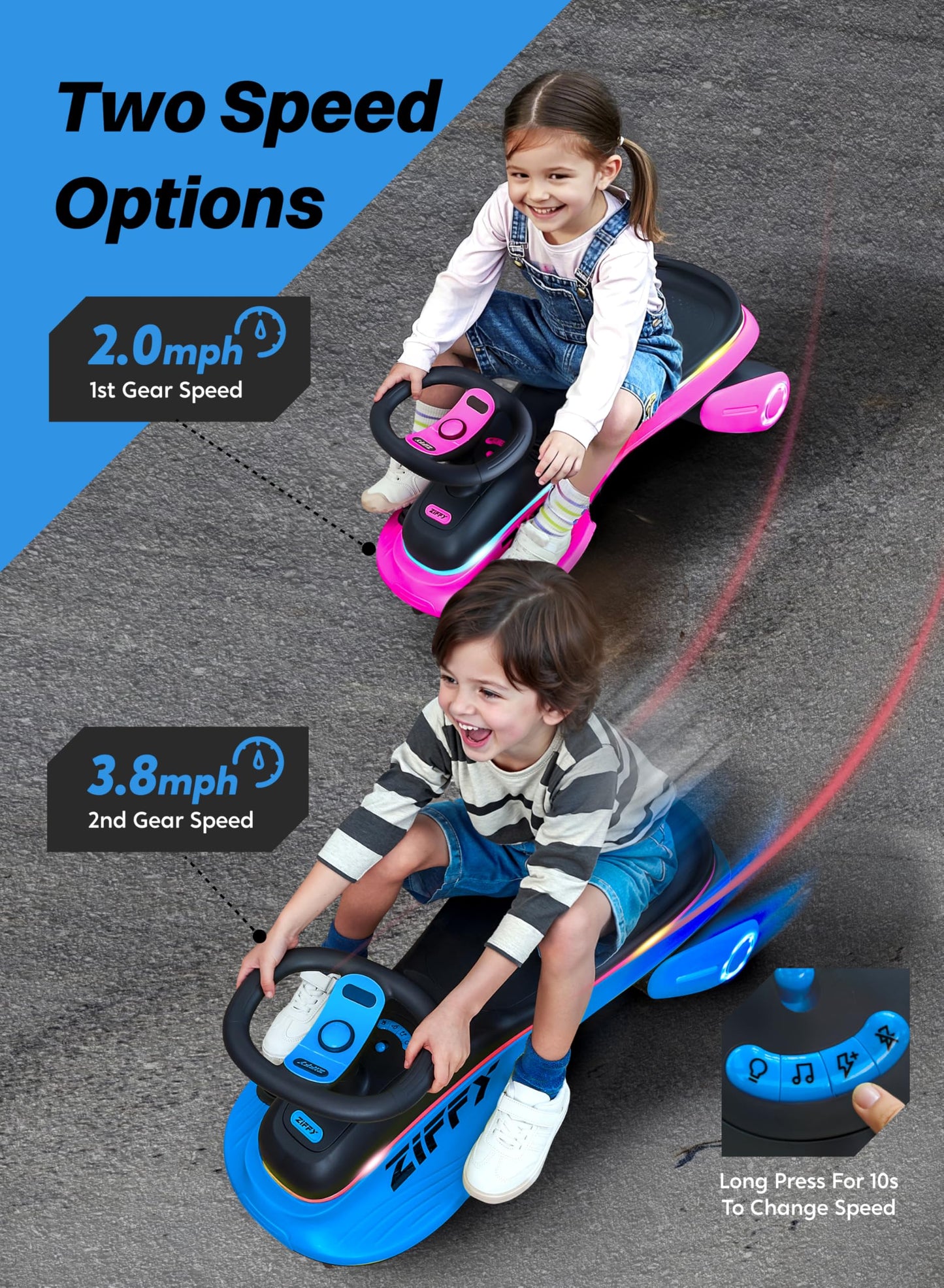 ZIFFY 45W 5.5A Light-Up Electric Wiggle Car with Pedal, Rechargeable Battery, 2-in-1 Swing Car, 2 Speed Ride-On Toy, Anti-Rollov