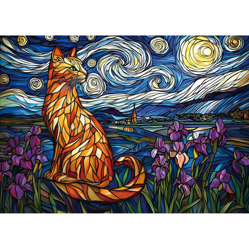 Stained Glass Cat Puzzles For Adults 1000 Pieces Starry Night Impossible Hard Puzzle For Adults Beautiful Vintage Flowers Cats A
