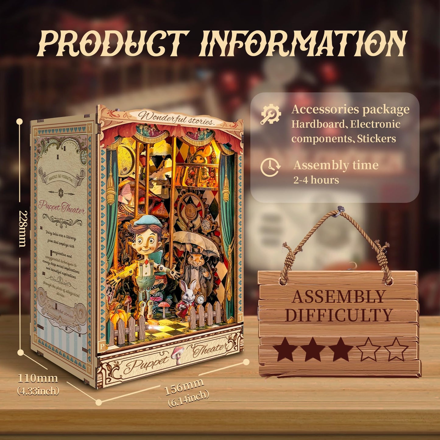 STRUCWOOD mature-themed Book Nook Kit  DIY Mini Dollhouse Book Corner Kit with LED Light and Dust Shield  mature-themed 3D Wooden Bookshelf Puzzle Book Corner Insertion Decorative Crafts - Puppet Theater (SQ-33)