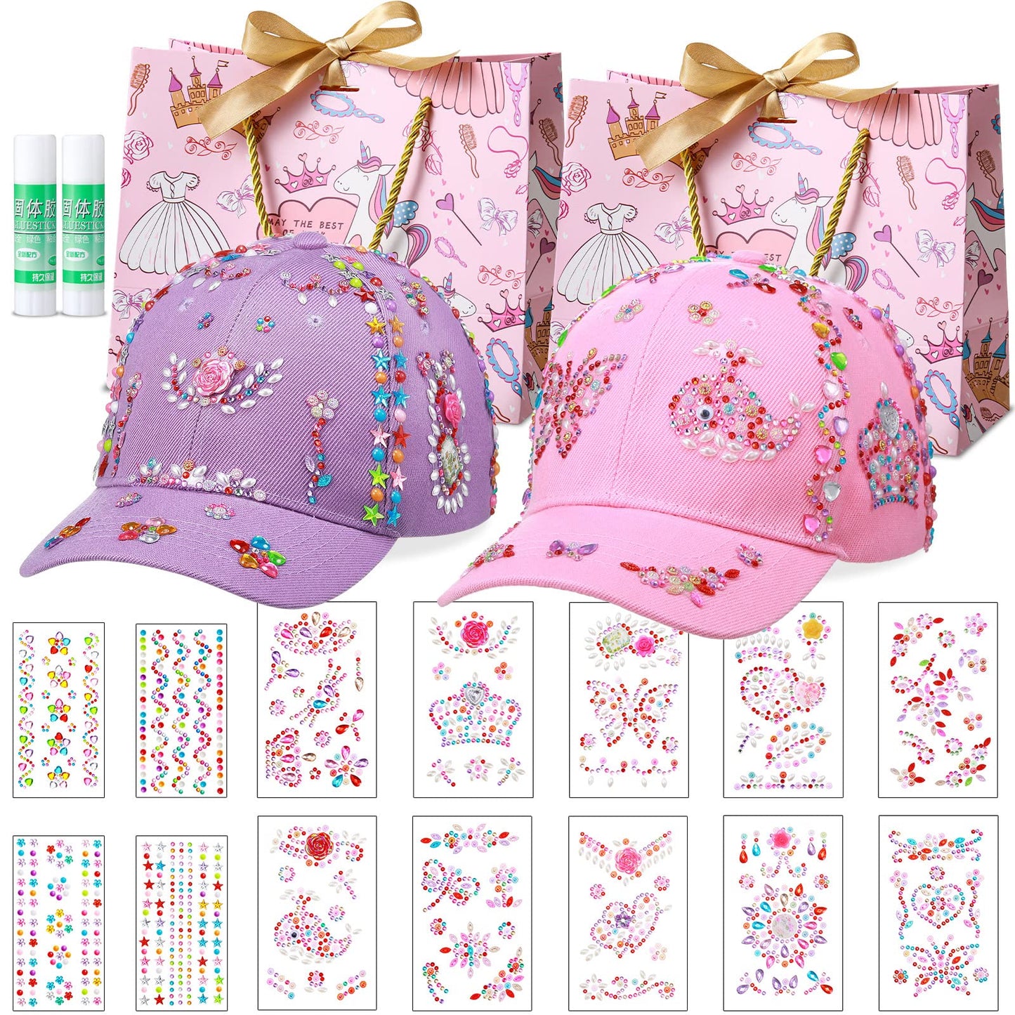 JenPen 2 Pcs Decorate Your Own Baseball Cap with 14 Sheets Adhesive Gems Stickers Rhinestone Glitter Gem Stickers with Unicorn T