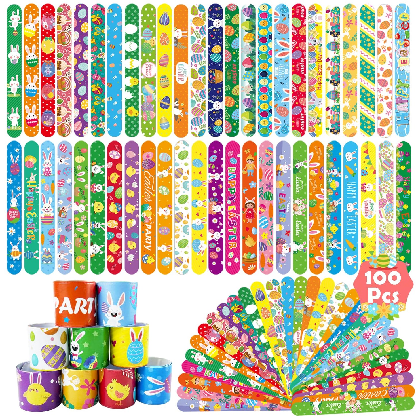 SUNPROUND 100Pcs Easter Slap Bracelets, Easter Basket Stuffers Party Favors Snap Wristbands for Kids Egg Fillers Gifts Exchange 