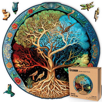 Leogor Mosaic Wooden Jigsaw Puzzles For Adults With Whimsical Pieces – 350 Piece Colorful Tree Of Life Jigsaw Puzzle With Unique Animal-Shaped Wood Pieces – Beautiful Design, Large 14.9'' X 15''