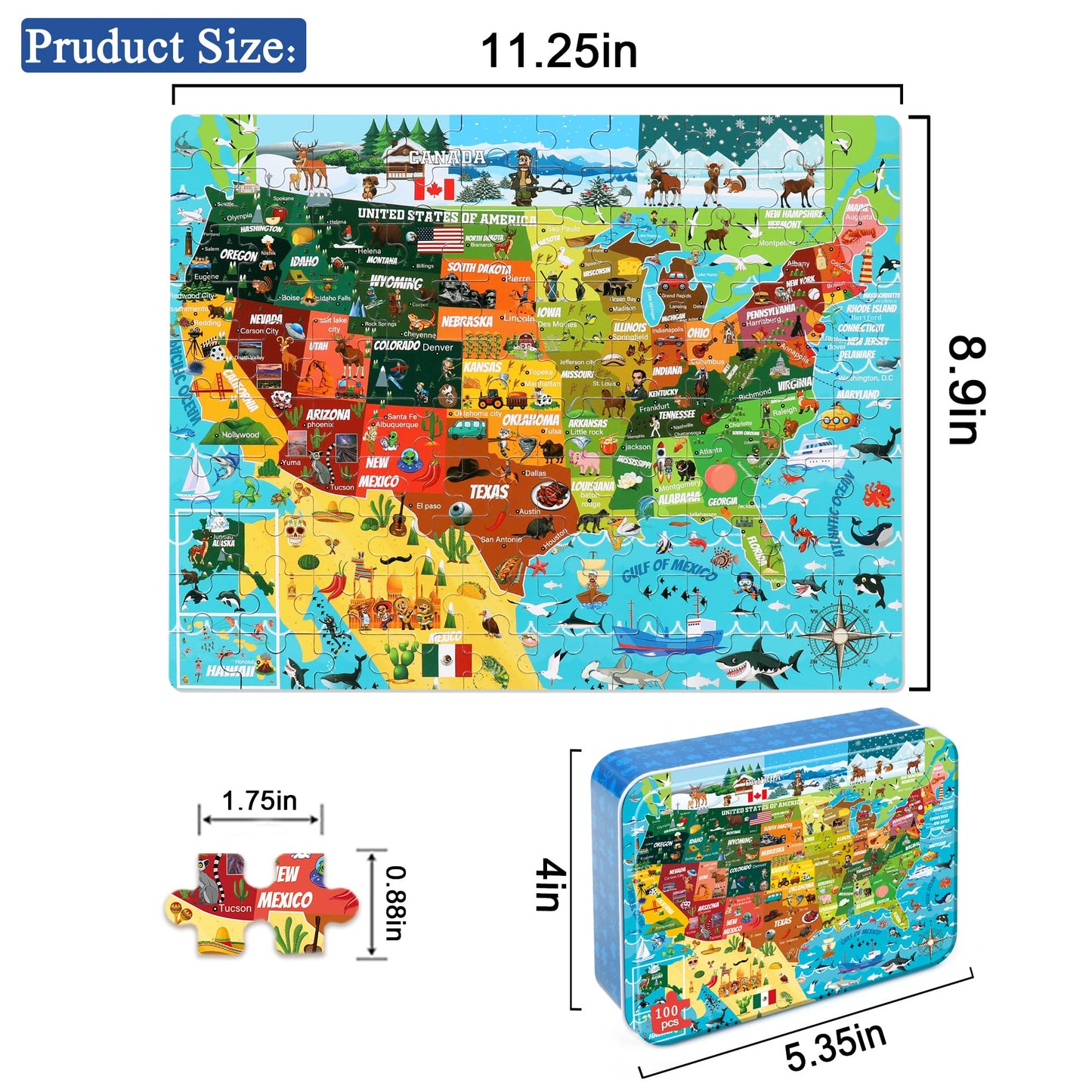 LELEMON USA Map Jigsaw Puzzle - 100 Pieces Educational Toy for Kids Ages 4-8, Colorful Metal Box, Learning Fun