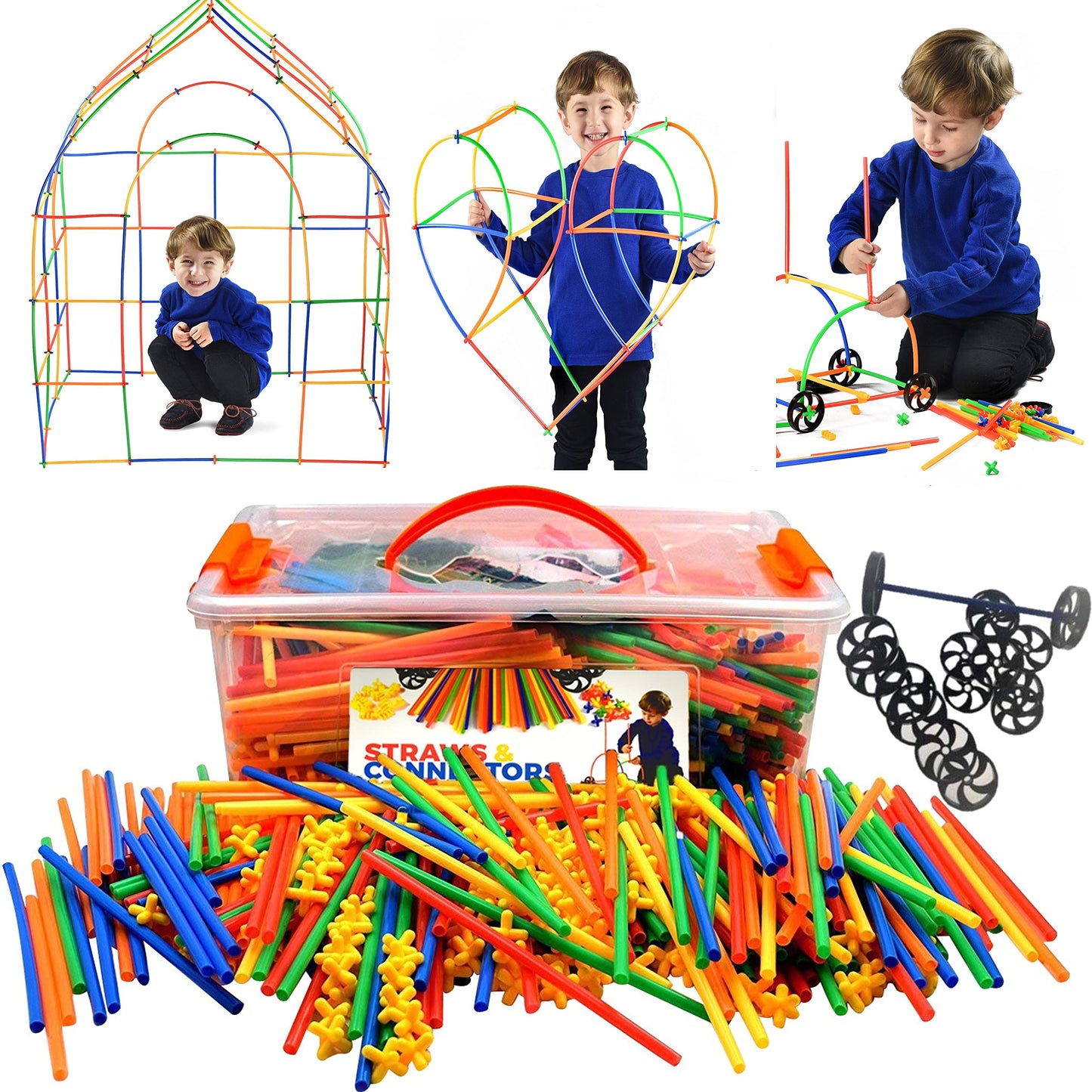 Playlearn Large 816 Piece Straws Builders Construction Building Toy - 8 Inch Full Size Straws - Giant Pack with Wheels and Speci
