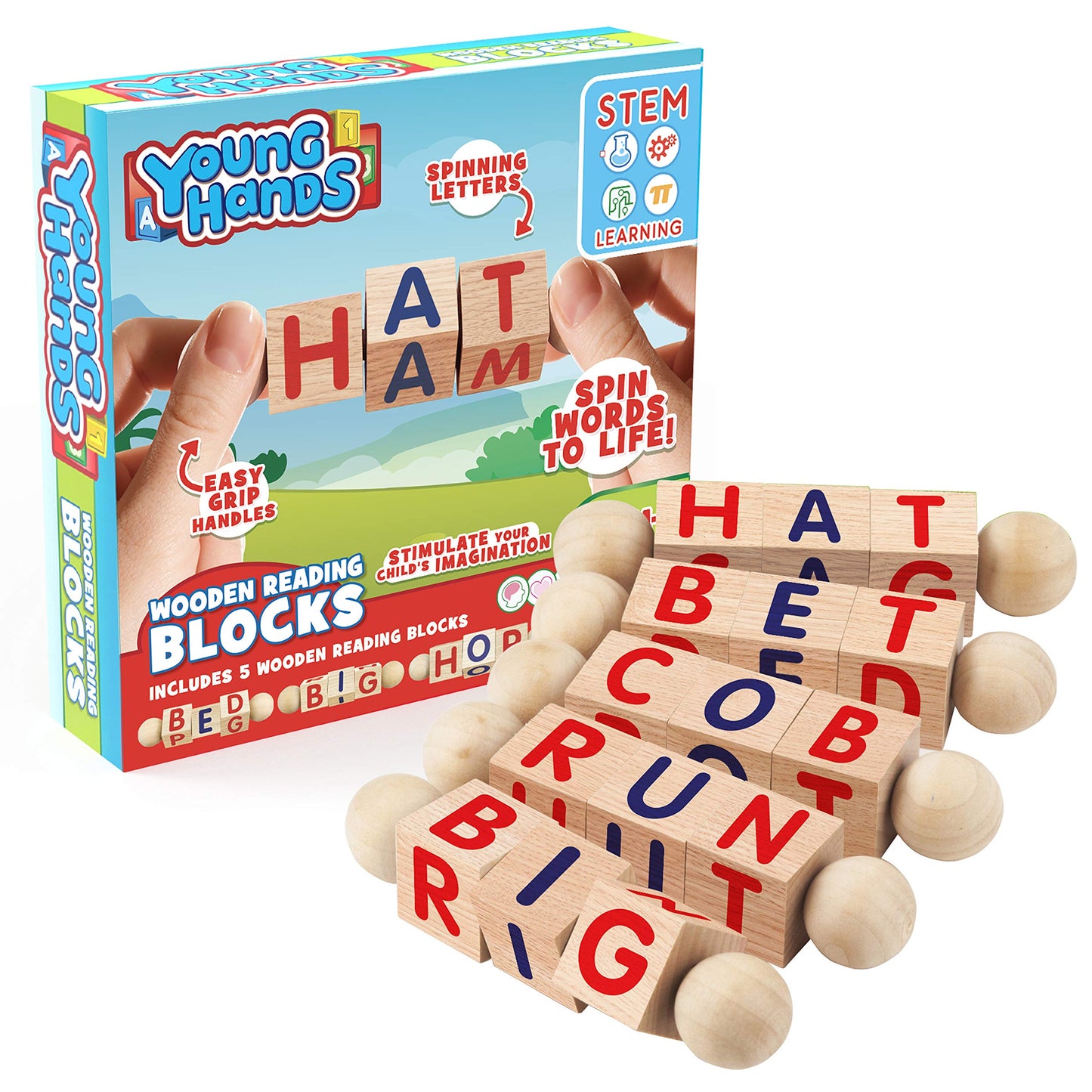 Creative Kids Wooden Reading Blocks - Set of 5 Spinning Alphabet Blocks, Multicolor, Easy-Grip, Small, Model 78046