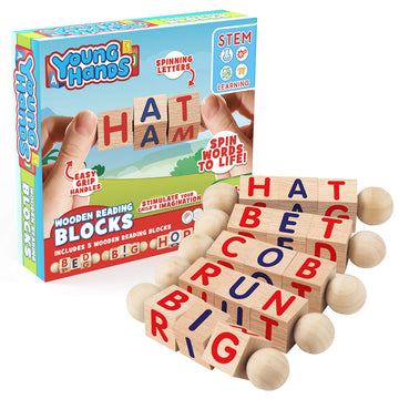 Creative Kids Wooden Reading Blocks - Set of 5 Spinning Alphabet Blocks, Multicolor, Easy-Grip, Small, Model 78046