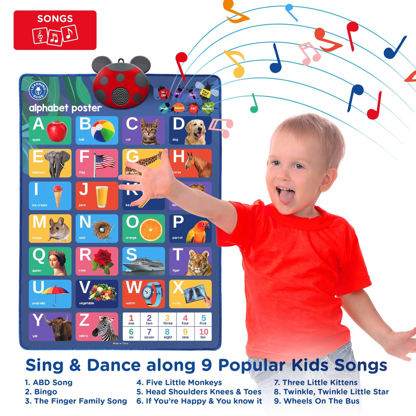 Learning Bugs Interactive Abc & 123S Talking Poster & Musical Wall Chart, Educational Toy For Toddlers